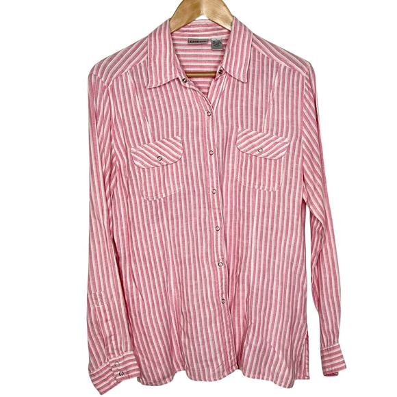Chicos Striped Linen Snap Up Shirt Pink Womens Size M 1 Western Coastal Travel - Picture 1 of 6